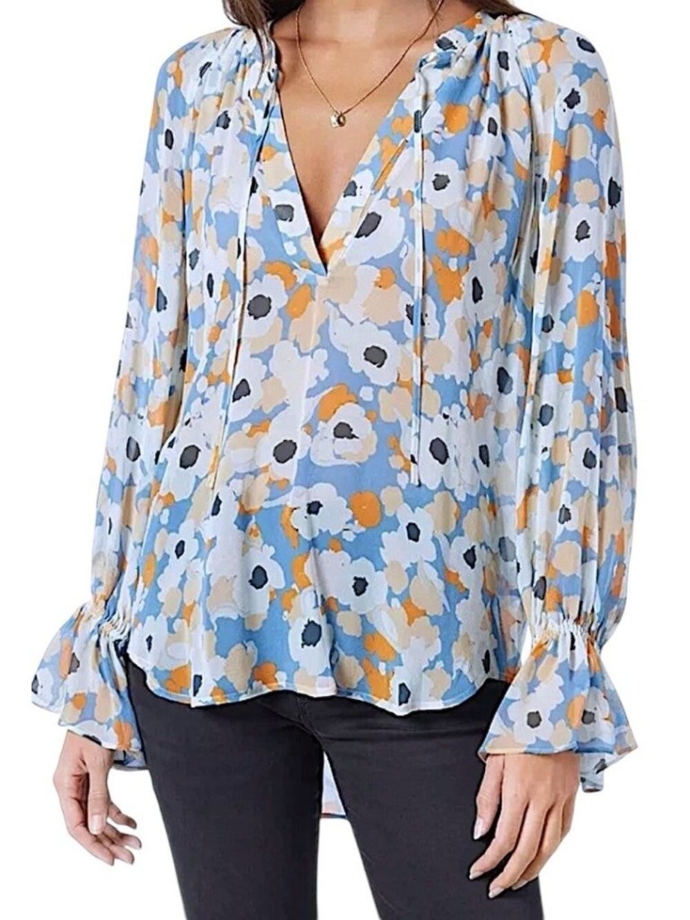 Joie Multicolor Floral Fields Flared Sleeve Peasant Boho Cottage Blouse Size XL